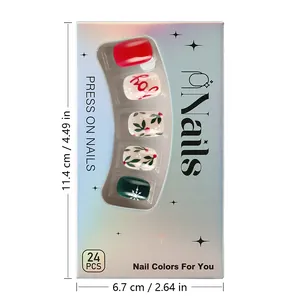 Short glossy Christmas press-on nails with Joy letters, snowflakes and green leaf patterns