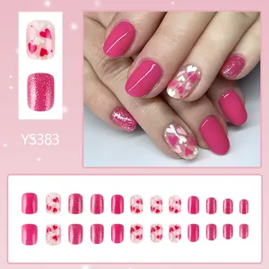 Glossy short square press-on nails with pink glitter and romantic heart patterns 24pcs