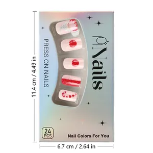 Detailed size chart for pink glitter Christmas press-on nails in 11.4x6.7cm box