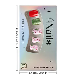 Detail of Christmas press-on nails set featuring candy cane and tree art in 24 pcs pack