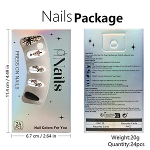 Short matte leopard press-on nails set with 24 pieces in holographic packaging box