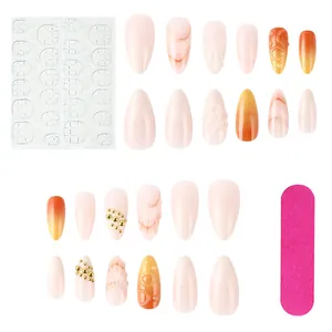 Short press-on nail kit with 3D embossed flowers, marble textures and gold beads