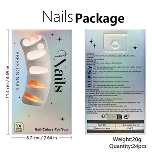 Short press-on nails with orange gradient 3D floral relief and packaging details