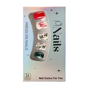 Short glossy Christmas press-on nails with snowflakes and Joy patterns in 24pcs box