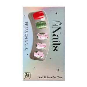 Short glossy Christmas press-on nails set with red, green tree and candy cane patterns