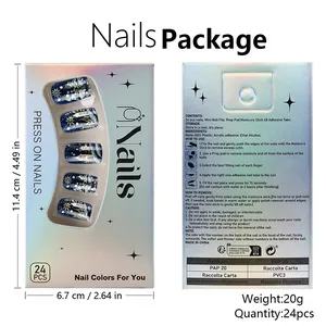 Short square press-on nails set with blue castle design and starry sky pattern packaging