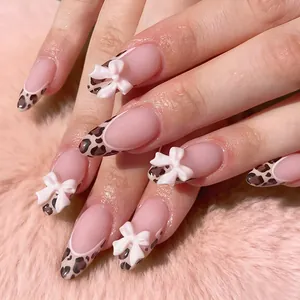Rosa Leopardenmuster Almond Künstliche Nägel Mit 3D Schleife Französischer Stil Glänzende Falsche Nägel Für Valentinstag Damen