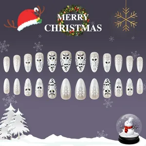 Short almond Christmas fake nails with 24pcs owl and snowflake patterns for winter