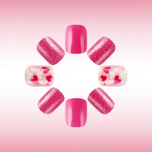 Short square glossy press-on nails with pink glitter and heart design 24pcs set