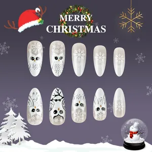 Christmas almond fake nails with owl and snowflake patterns on winter holiday backdrop