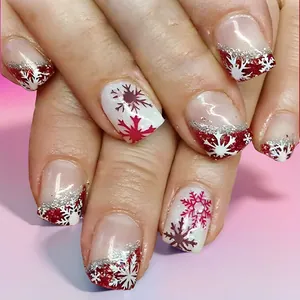 Faux Ongles À Coller Noël Dégradé Rouge Et Blanc Flocon De Neige Carré Court Paillettes Faux Ongles Avec Motifs Hiver Femme