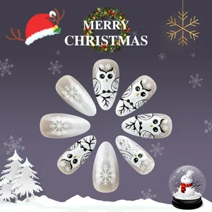 Short almond Christmas fake nails set with owl and snowflake patterns, 24 pieces