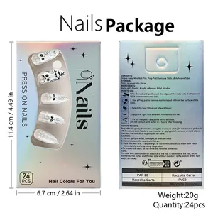 Short almond Christmas fake nails set with owl and snowflake patterns in silver box