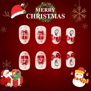 Short round Christmas press-on nails with red gloves and gift box holiday designs