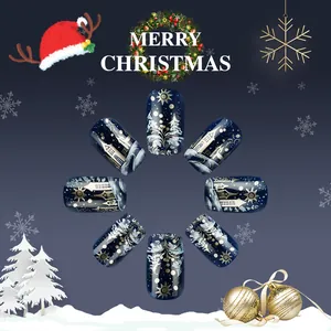Short square press-on nails with dark blue glossy finish and gold Christmas tree patterns