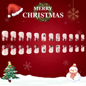 Faux ongles carrés courts de Noël avec paillettes rouges argentées et motifs flocons