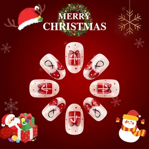 Short round Christmas press-on nails with red gift boxes and white snowflake patterns