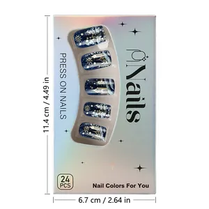 Short square press-on nails with blue holiday castle and snowflake patterns in 24pcs set