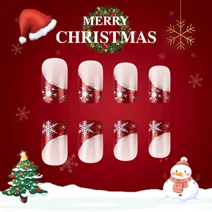 Faux ongles de Noël brillants dégradé rouge et blanc avec paillettes et motifs de flocons