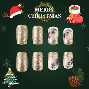 Kurze eckige Weihnachts-Kunstnägel mit Zapfen-Motiv und champagnerfarbenem Goldglitzer