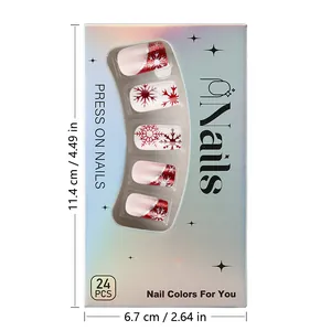 Faux ongles courts carrés de Noël avec dégradé rouge et rayures argentées pailletées