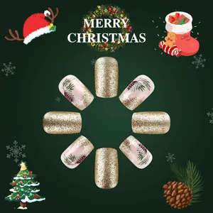 Kurze eckige Weihnachts-Kunstnägel mit Tannenbaum-Motiven und goldenem Glitzer