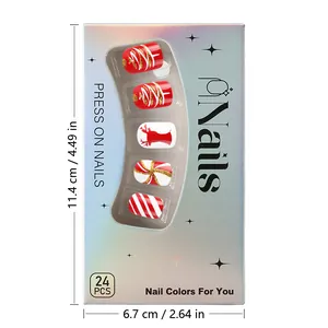 Faux ongles carrés de Noël, 24 pièces avec motifs de renne et flocons de neige