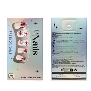 Faux ongles carrés courts avec rayures pailletées rouges et motifs de Noël de fête