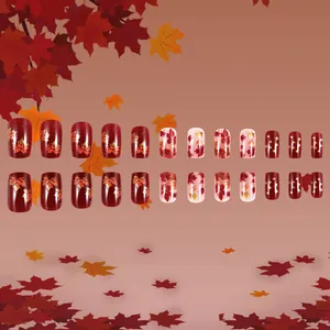 Short press-on nails set with vintage dark red maple leaf design and glitter finish