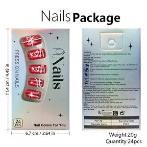 Detail view of 24pcs Christmas press-on nail kit with red glitter and snowflake designs