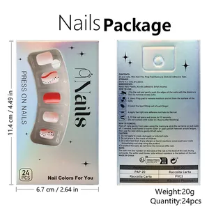 Détails recto-verso de l'emballage du kit de faux ongles rose avec 24 pièces holographiques