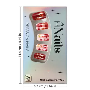 Macro view of 24pcs maple leaf press-on nails set with holographic silver gift box