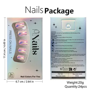 Short square holographic pink gradient press-on nails set with 24 pieces in laser box