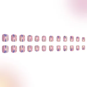 Macro detail of 24pcs short square press-on nails with pink laser mirror chrome gradient