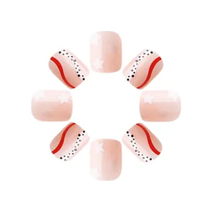Faux ongles carrés brillants avec motifs cœurs rouges, pois et étoiles blanches