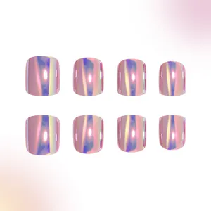 Pink holographic short square press-on nails with radiant laser mirror finish