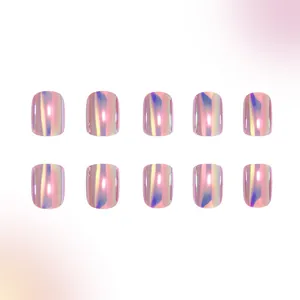 Detailed view of 10-piece short square fake nails with pink laser holographic gradient finish