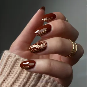 Glossy Dark Red Almond Press On Nails With Gold Wheat Ear Pattern Detachable Full Cover Fake Nails For Women Manicure Art