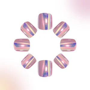 Short square laser mirror press-on nails in iridescent pink-purple metallic finish