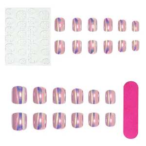 Pink laser holographic short square press-on toenails set with adhesive and mini file