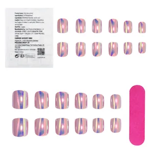 Detail of pink laser short square press-on toenails kit with file and jelly glue