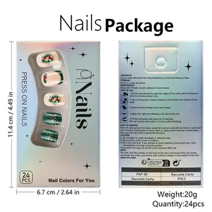 Short Christmas fake nails with holly wreath and snowflake designs in a laser gift box