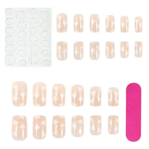 Lot de 24 faux ongles courts brillants avec cœurs blancs, gel adhésif et lime à ongles
