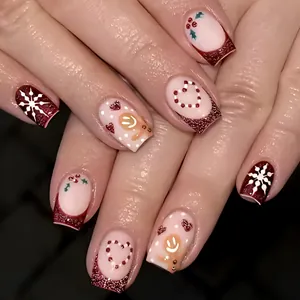 Christmas Press On Nails Short Square Gingerbread Man Snowflake Heart Glitter Red White Glossy False Nails For Women