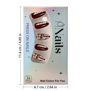 Detail of red press-on nails with golden wheat patterns in 11.4x6.7cm laser box packaging