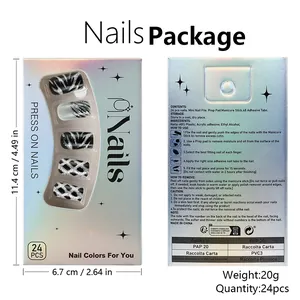 Faux ongles courts pailletés argent et rayures noires, lot de 24 pièces avec boîte laser