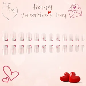 24pcs Valentine's Day short glossy fake nails with heart patterns and pink french tips