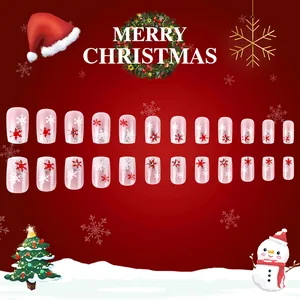Unghie natalizie corte quadrate con fiocchi di neve rossi, glitter argento e strass