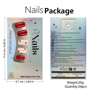 Détail de l'emballage du kit de 24 faux ongles avec dimensions et liste des composants
