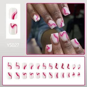 Short square press-on nails with white base and magenta wave patterns 24pcs set